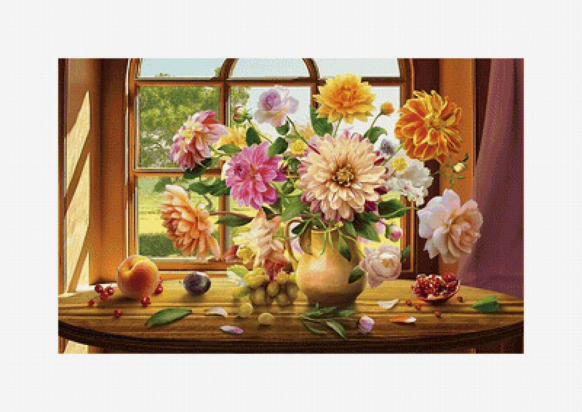 Фруктово-цветочный натюрморт. Маленький. - цветы, букет, виноград, фрукты, гранат., окно - предпросмотр