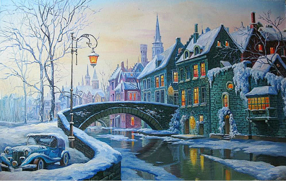 Вечерний город - дома, машина, река, вечер, зимы - оригинал