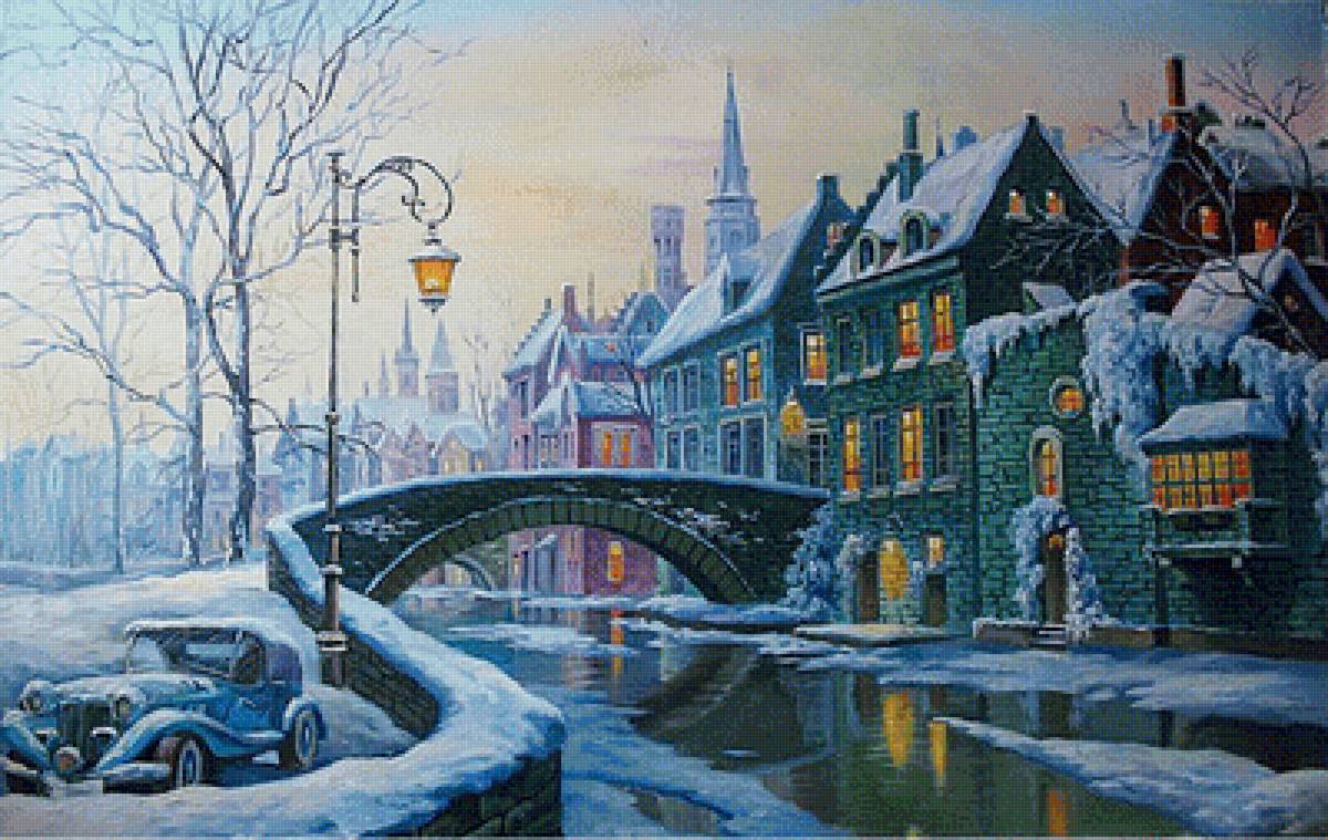 Вечерний город - машина, зимы, река, дома, вечер - предпросмотр