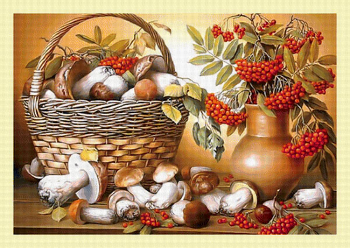 Дары осени. - грибы, рябина., корзина - предпросмотр