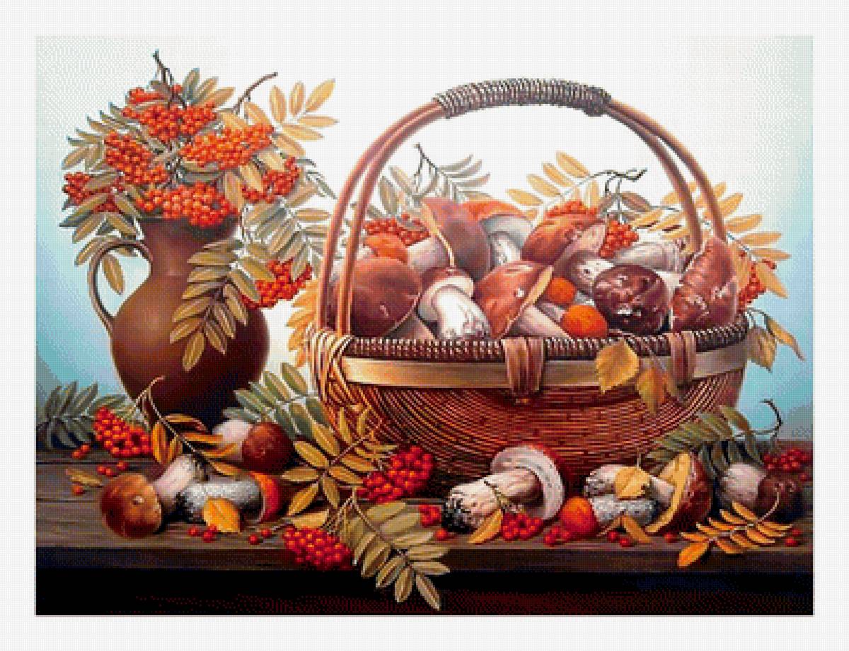 Дары осени 2. - грибы, корзина, рябина. - предпросмотр