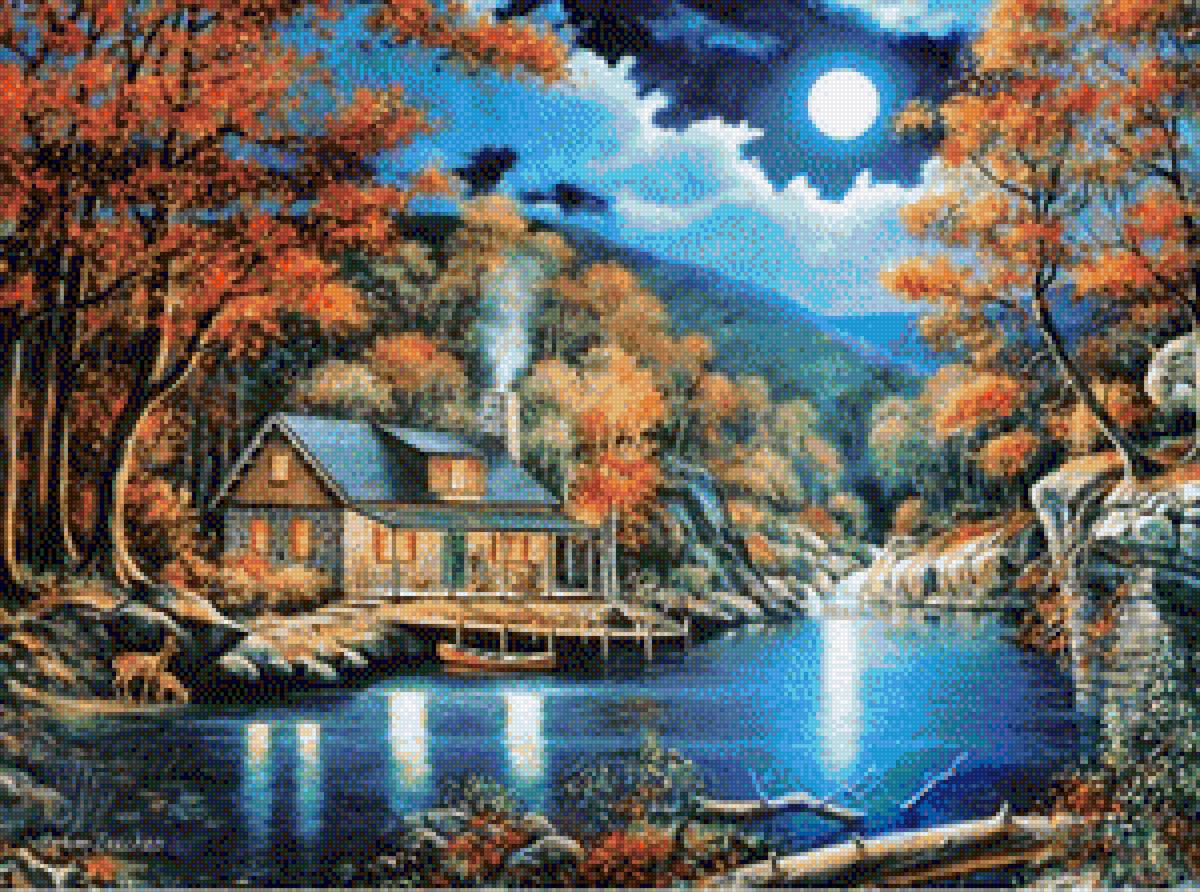 Лунна нощ - домик, пейзаж - предпросмотр