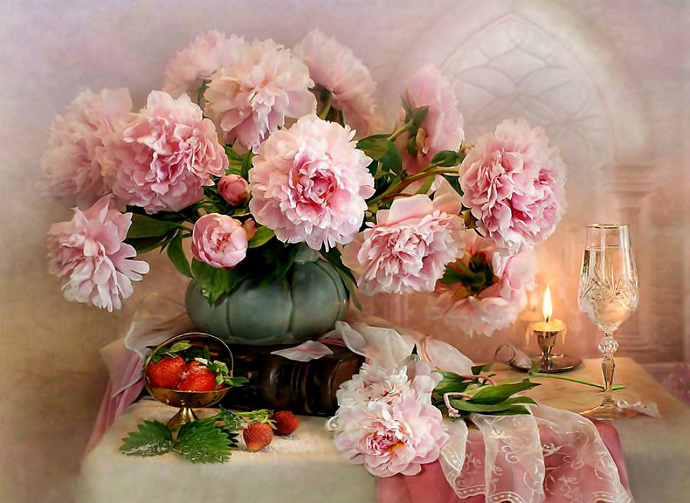 Натюрморт. Клубника с шампанским. - цветы, клубника, живопись, бокал, ваза, пионы, букет, свеча. - оригинал
