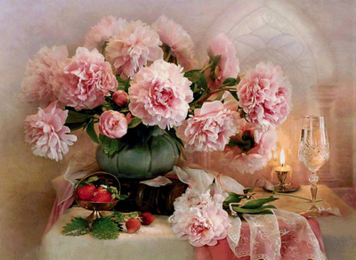 Натюрморт. Клубника с шампанским. - ваза, бокал, живопись, букет, цветы, пионы, клубника, свеча. - предпросмотр