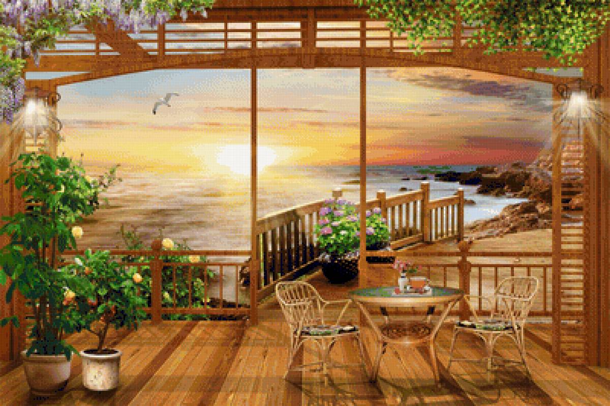 у моря - веранда, море, закат, пейзаж, небо - предпросмотр