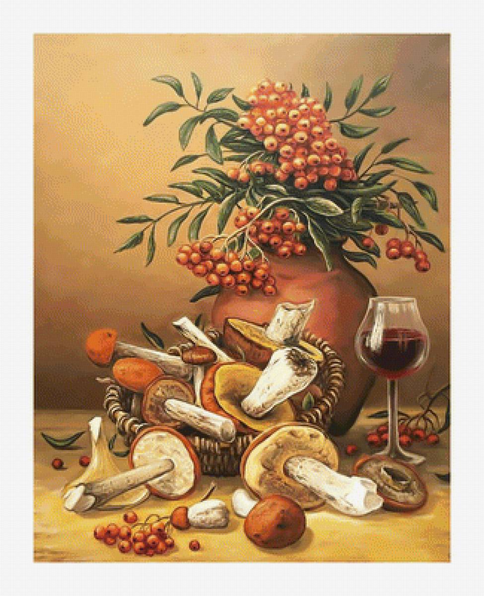 Дары осени. - натюрморт., грибы, корзина, рябина - предпросмотр