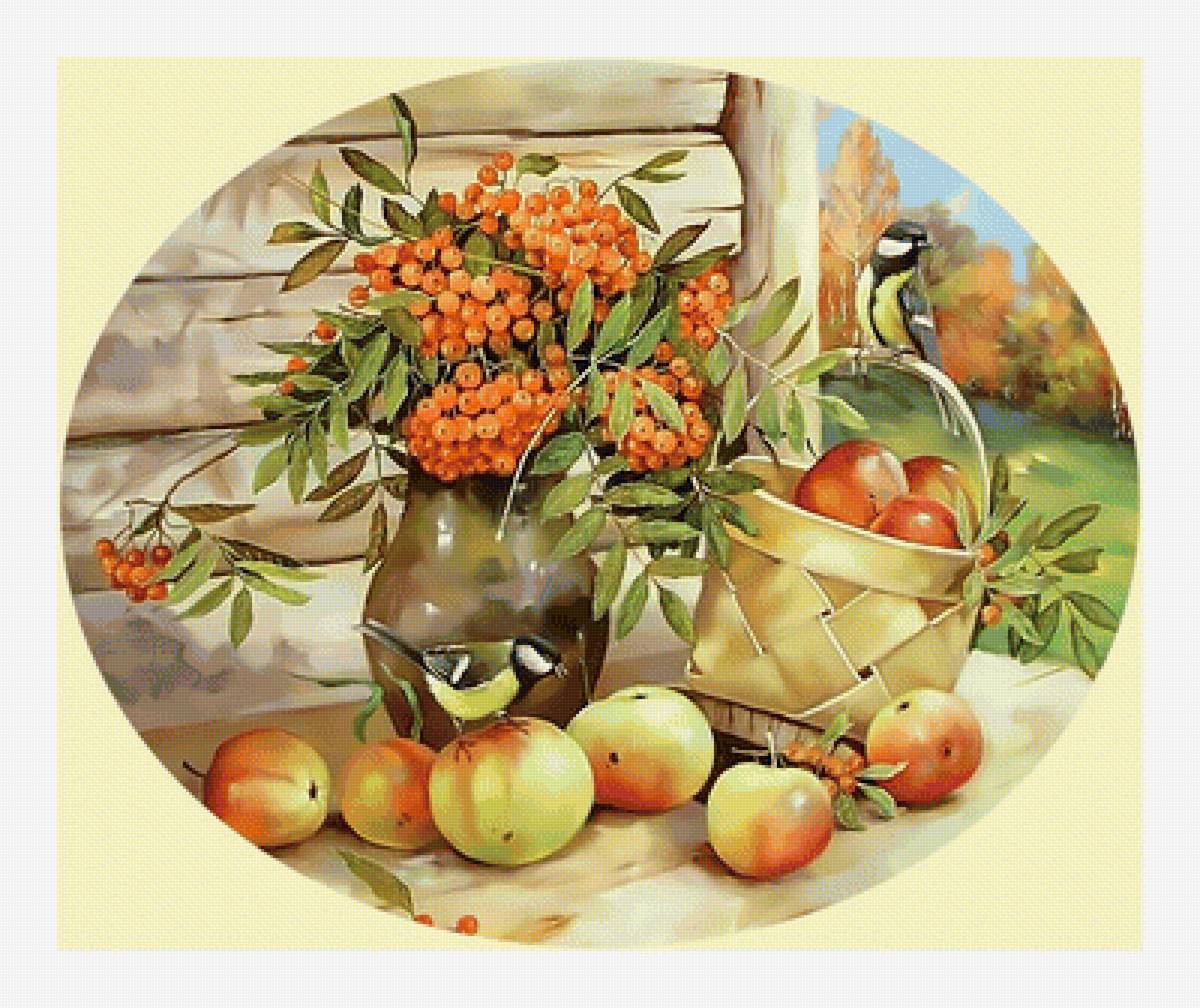 Натюрморт с птичками. - натюрморт, яблоки, рябина, птицы., лукошко - предпросмотр