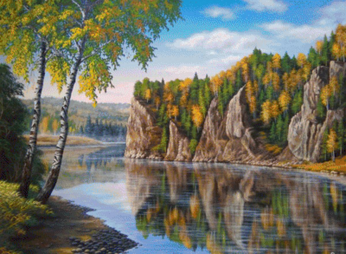 осень - природа, березы, осень, пейзаж, река - предпросмотр