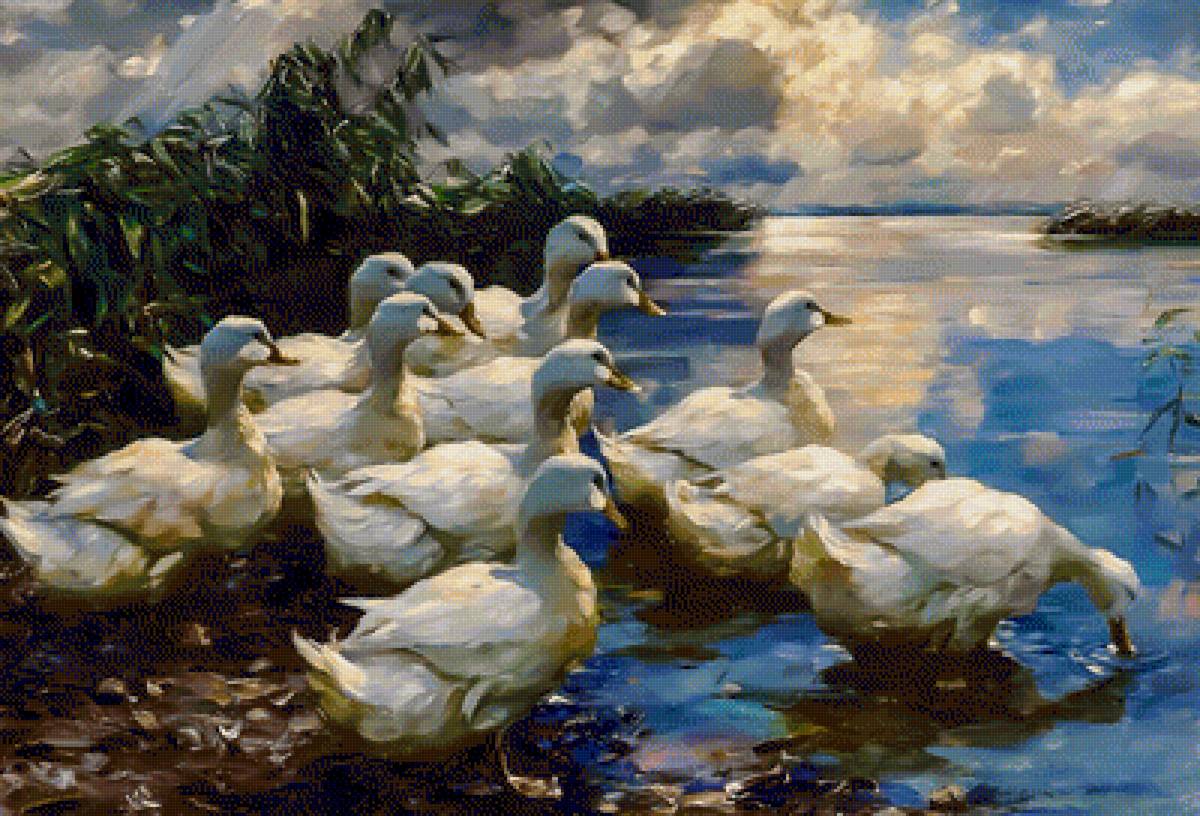 Ducks on the shore of Lake. - alexander max koester paints.birds.seascape. - предпросмотр