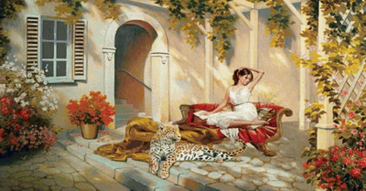 девушка с леопардом - картина, девушка, леопард, животные, дворик, цветы, люди - предпросмотр