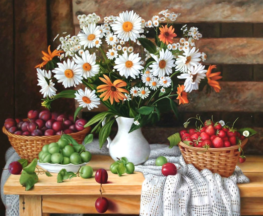 Ромашковый натюрморт. - цветы, натюрморт., клубника, сливы, букет, ягоды, ромашки - оригинал