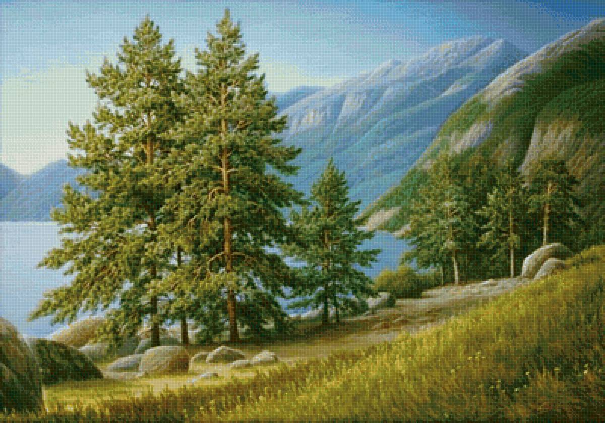 пейзаж - сосны, горы, пейзаж, озеро, природа - предпросмотр