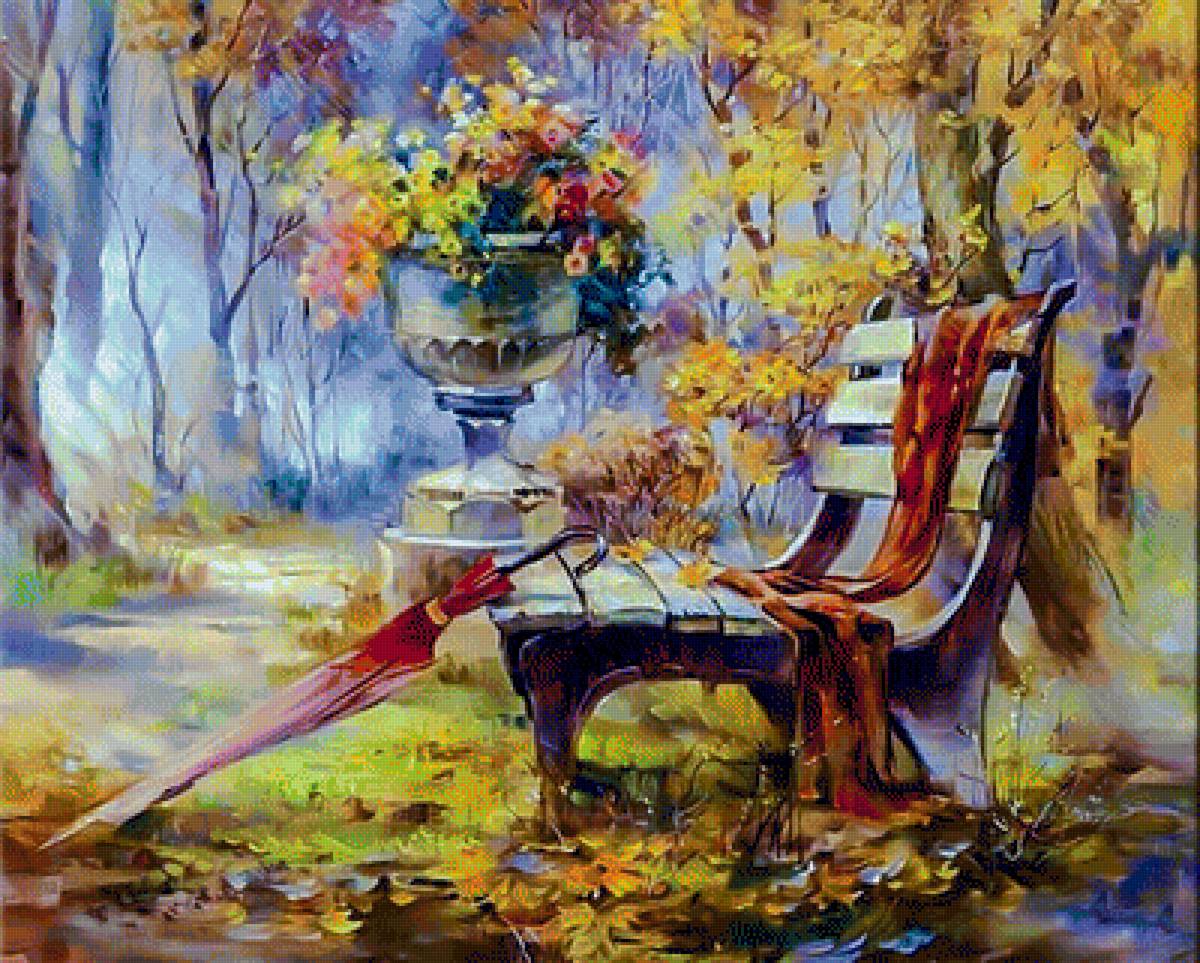 Flowers Bench and Umbrella. - scenarys.flowers and gardens. - предпросмотр