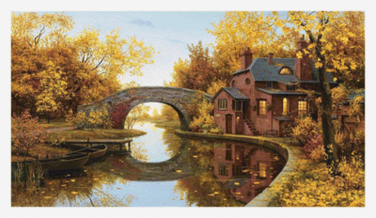 Осенний пейзаж. 378/210, 69/39 см. - река, пейзаж, мост, дом, лодки., осень - предпросмотр