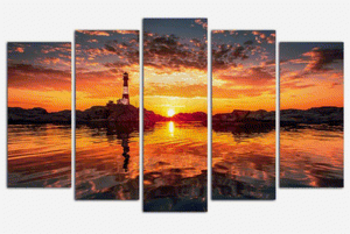 Маяк - полиптих, закат, море, маяк - предпросмотр