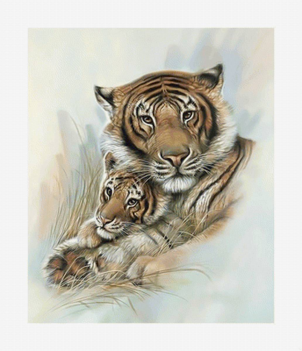 Тигр с тигрёнком. - хищники, тигры, котенок, животные. - предпросмотр