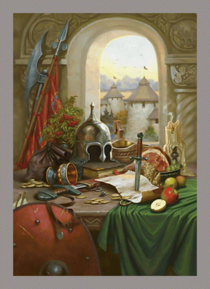 Натюрморт Древней Руси. - доспехи, яблоки, нож, натюрморт, фрукты, русь., оружие - предпросмотр