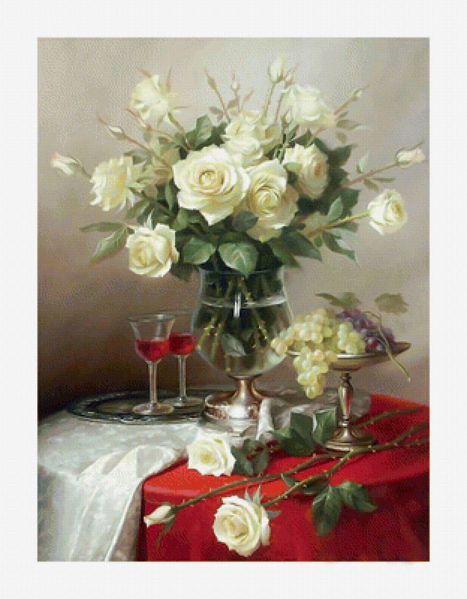 Натюрморт с белыми розами. - виноград., букет, цветы, розы, вино, бокал, натюрморт - предпросмотр
