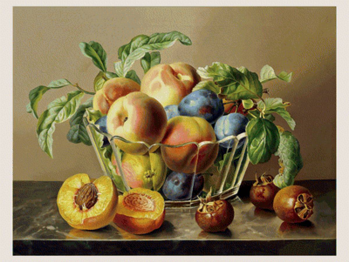 Серия "Натюрморты". - персики, сливы, натюрморт, фрукты - предпросмотр