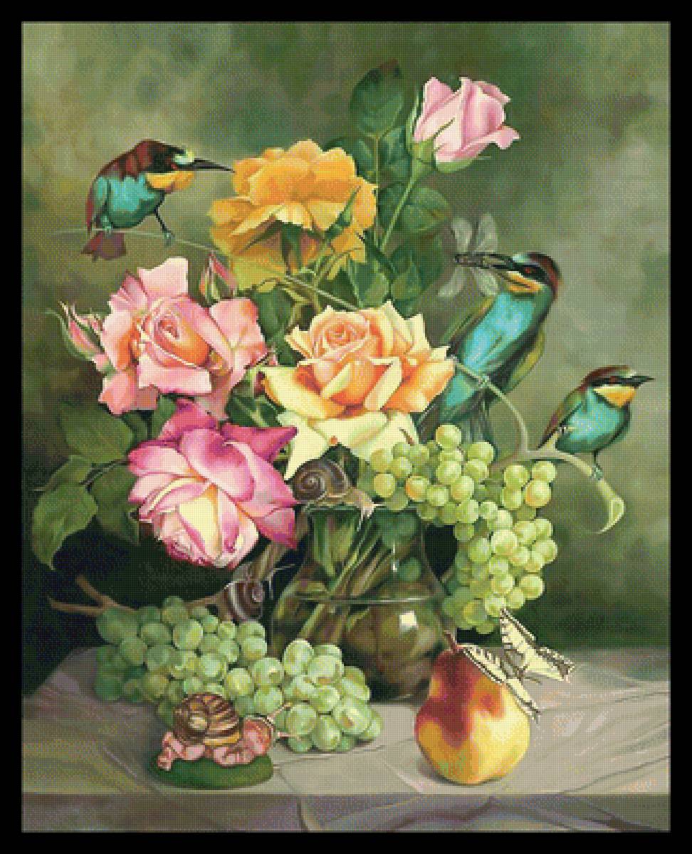 Цветочно-фруктовый натюрморт с птицами. - виноград, букет, улитки., птицы, цветы - предпросмотр