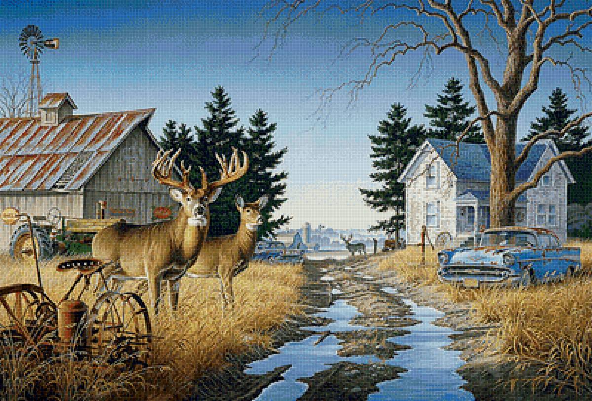 Лесные гости - пейзаж, домик, машина, олени - предпросмотр