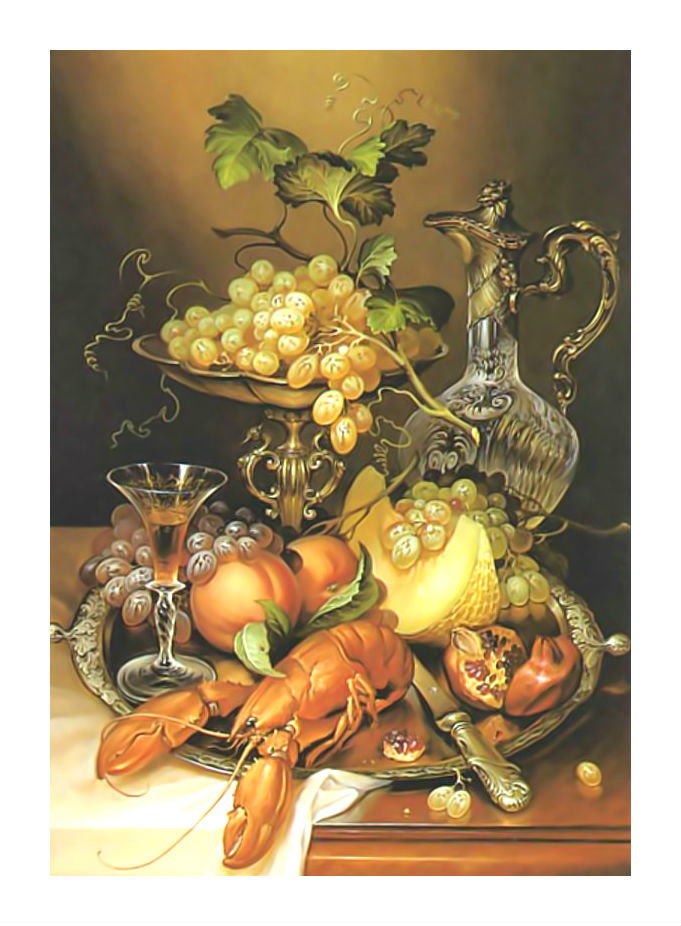 Натюрморт с раком. - рак., виноград, натюрморт, фрукты, бокал - оригинал