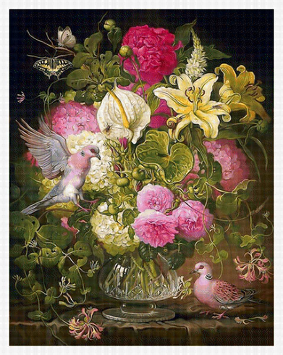 Цветочный натюрморт и голуби. - птицы, букет, голуби., цветы - предпросмотр