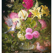 Цветочный натюрморт и голуби.