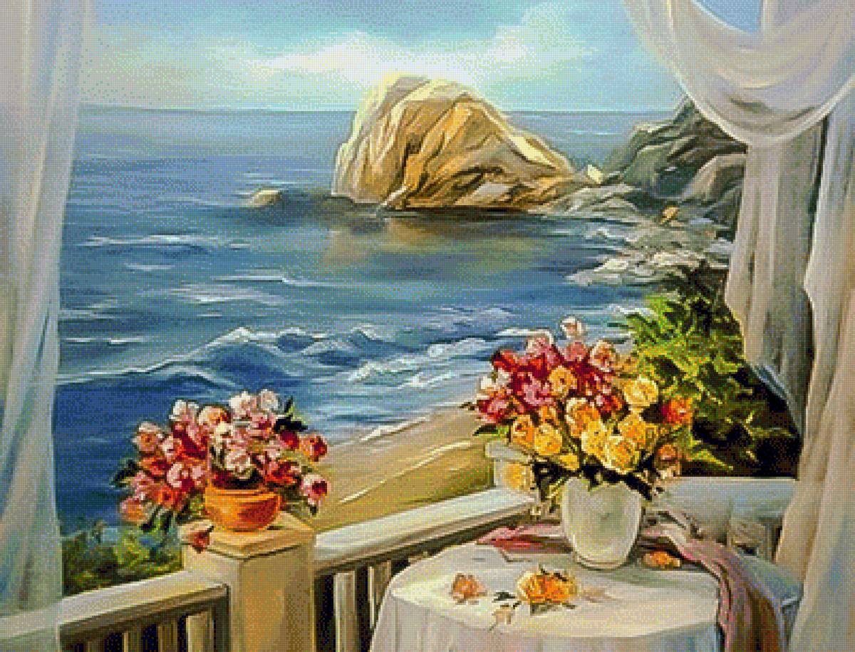 Romantic Balcony. - anca bulgaru paintings.seascape.flowers and gardens. - предпросмотр