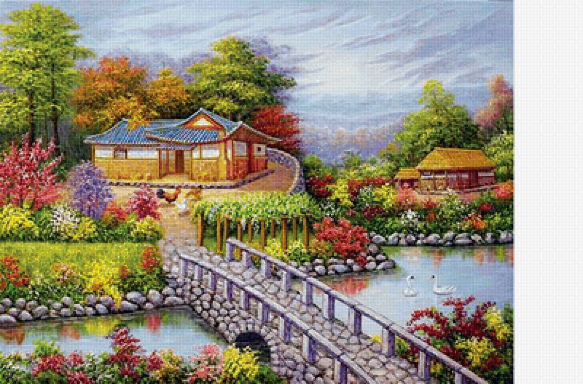 Пейзаж - река, мост, домик, пагода - предпросмотр