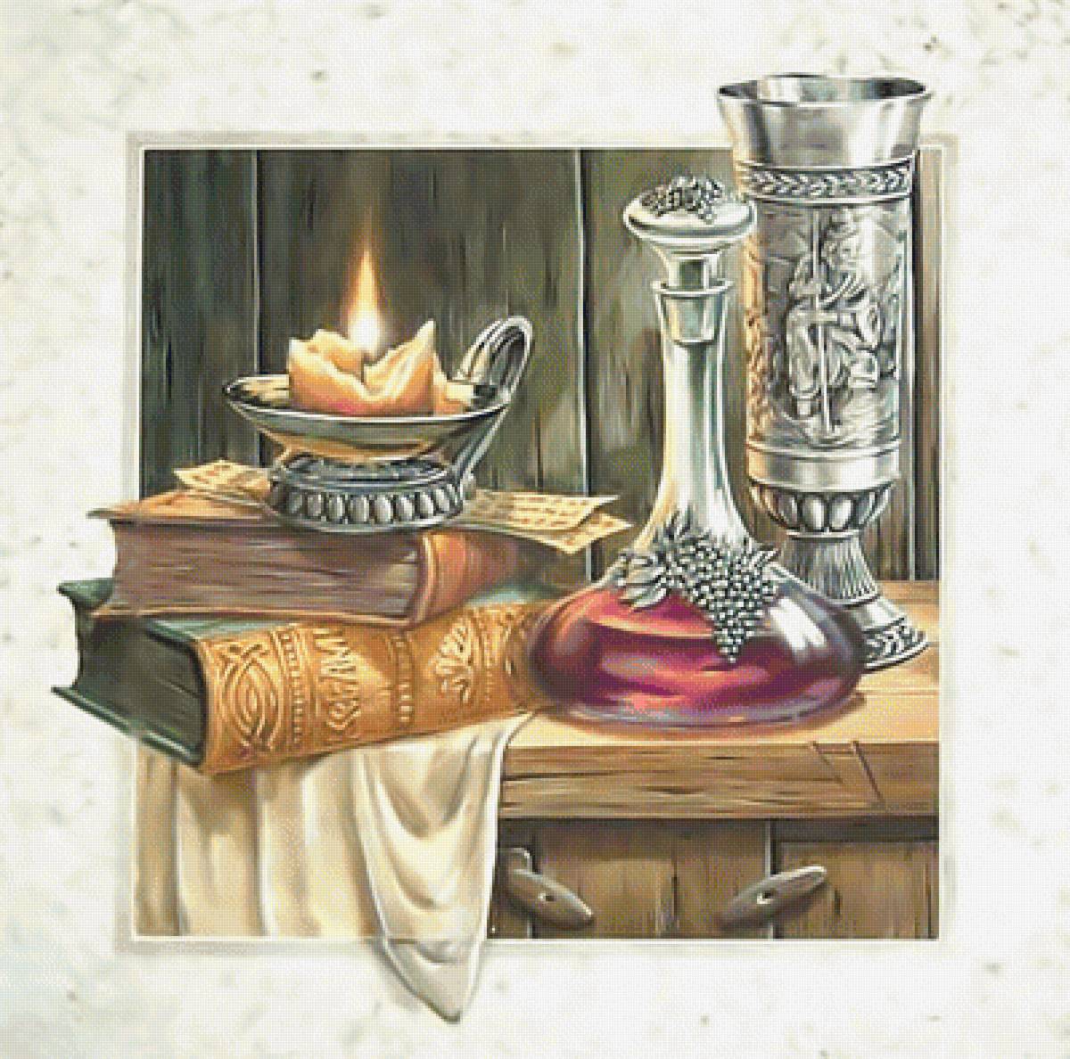 Натюрморт с книгами и свечой. - книги, свеча, натюрморт, графин. - предпросмотр