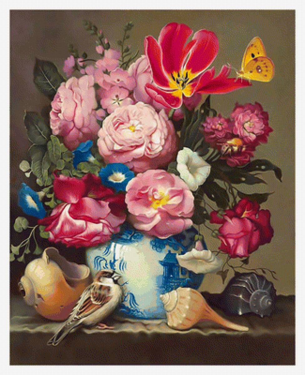 Букет и воробей. - воробей, ракушки, птица, цветы, букет - предпросмотр