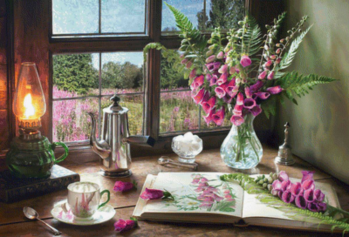 Уютный уголок. - натюрморт, книга, букет, лампа, цветы, окно - предпросмотр