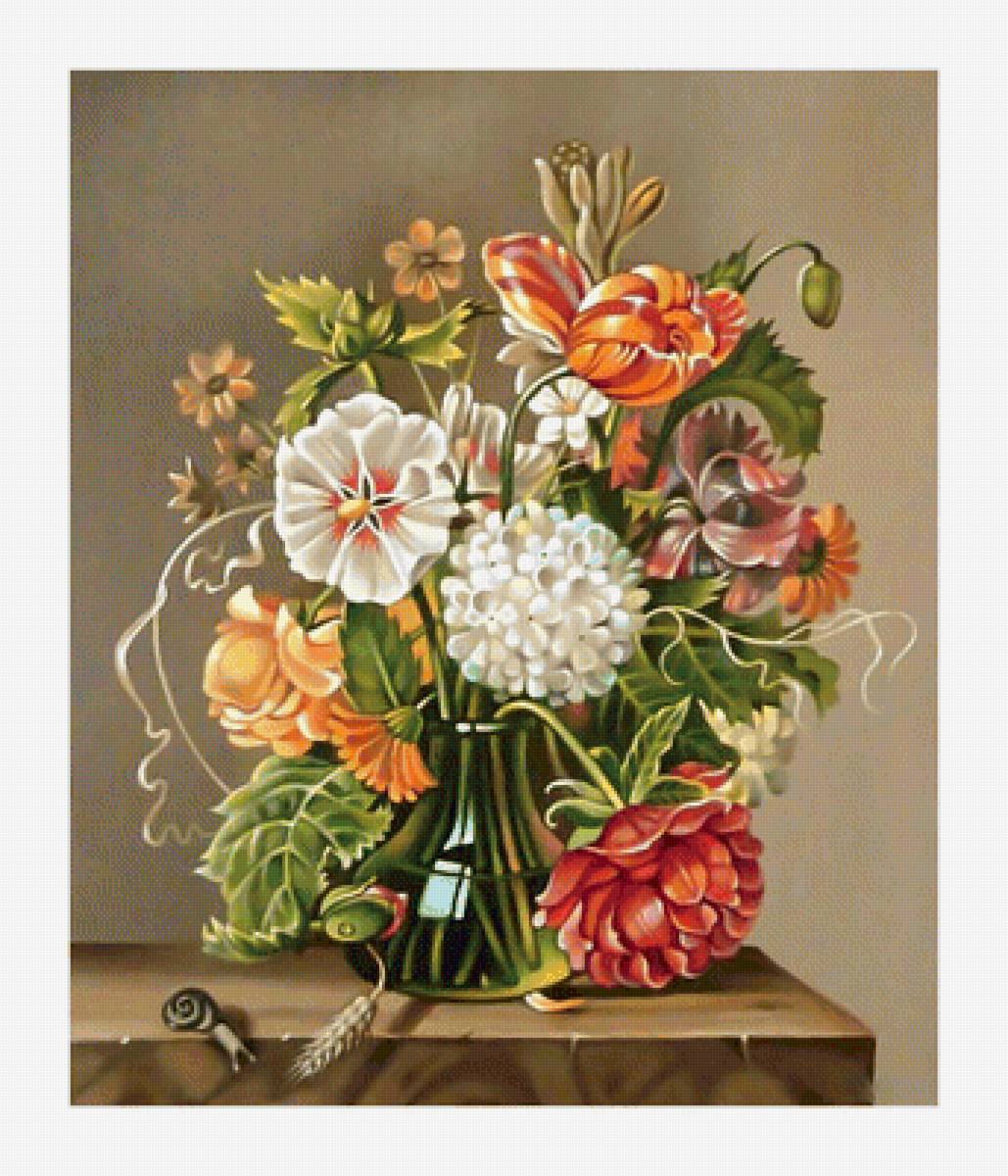 Букет и улитка. - улитка, ваза, живопись, букет, цветы, картина - предпросмотр