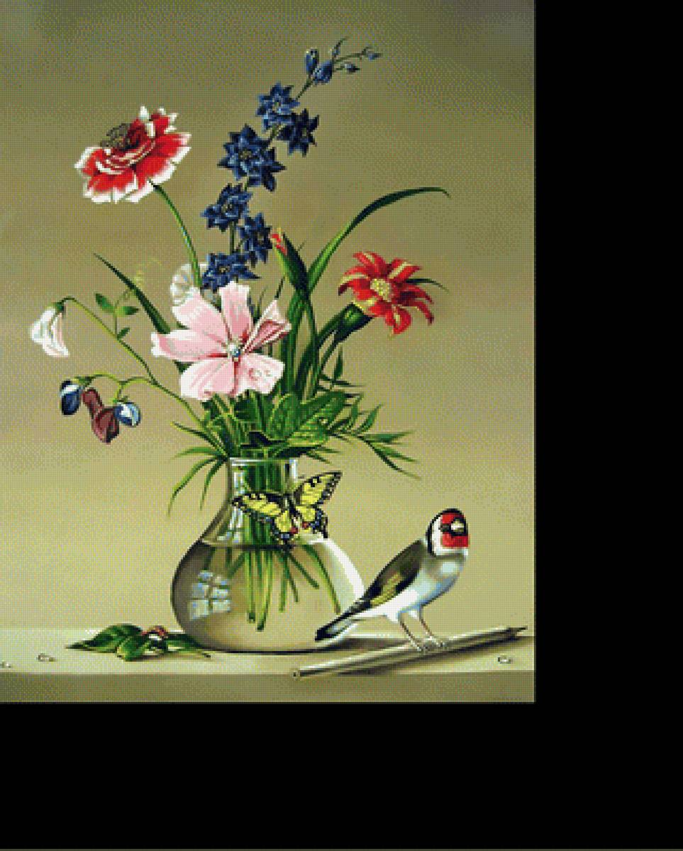 Полевые цветы, птичка, бабочка. - птица, бабочка, букет, живопись, ваза, цветы, картина - предпросмотр
