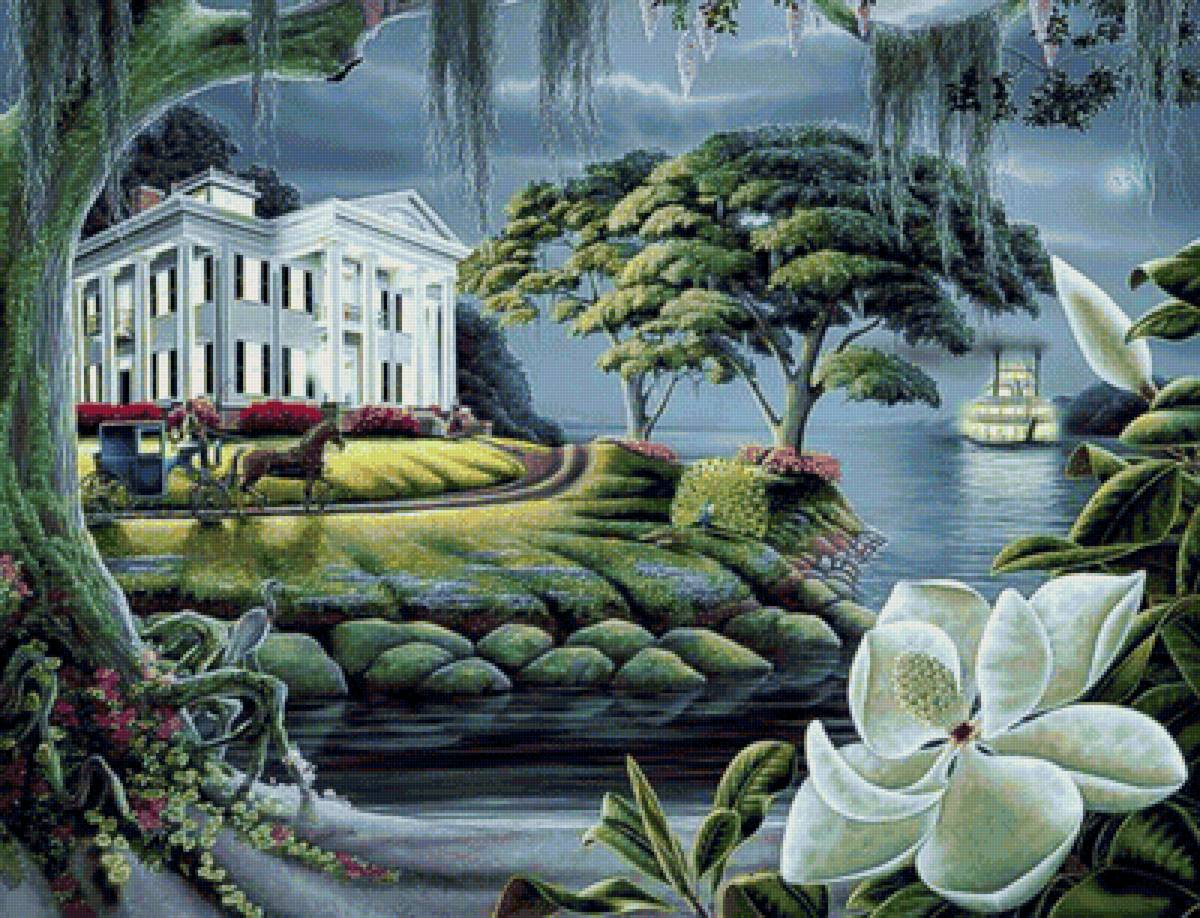 вечер у моря - особняк, деревья, вечер, мере - предпросмотр