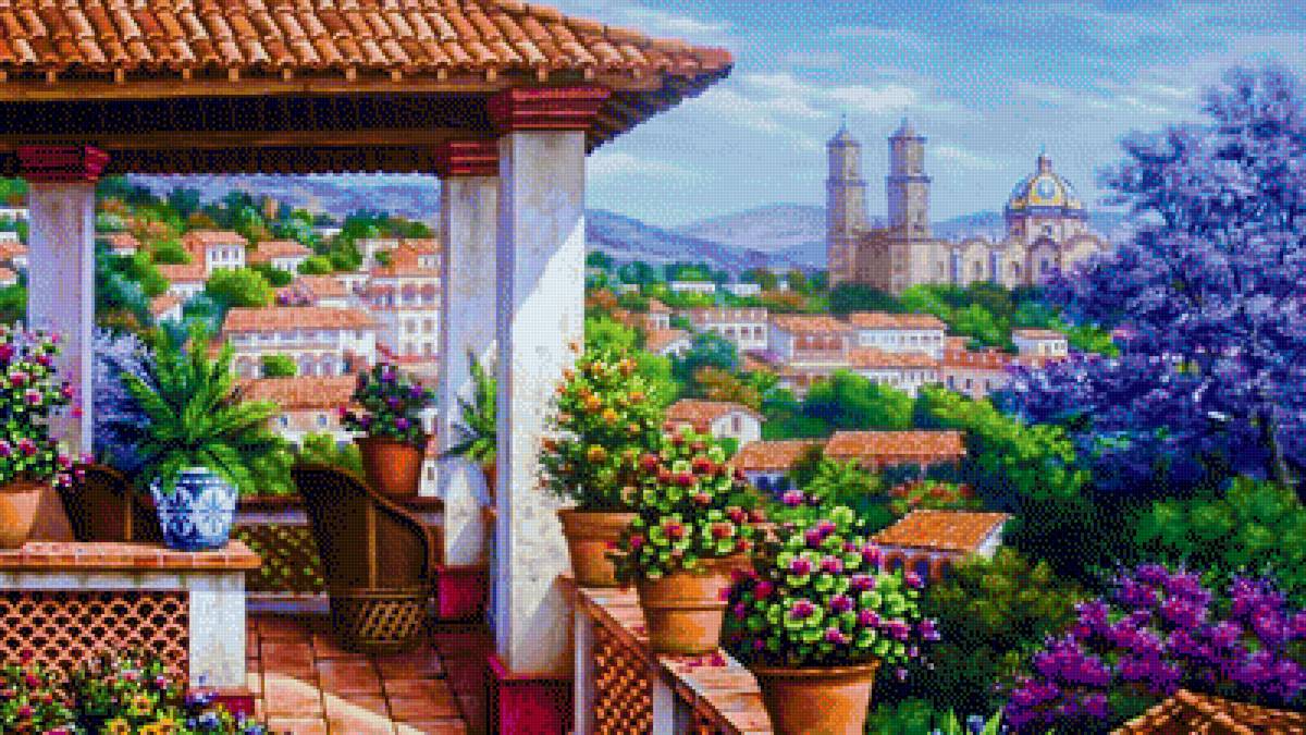 Terrace in Taxco Guerrero. - arturo zárraga painter.scenarys.flowers and gardens. - предпросмотр