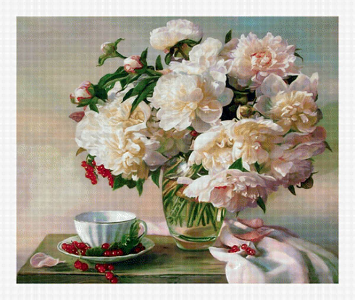 Пионы и красная смородина. - ягоды, пионы, натюрморт, смородина, цветы, букет - предпросмотр