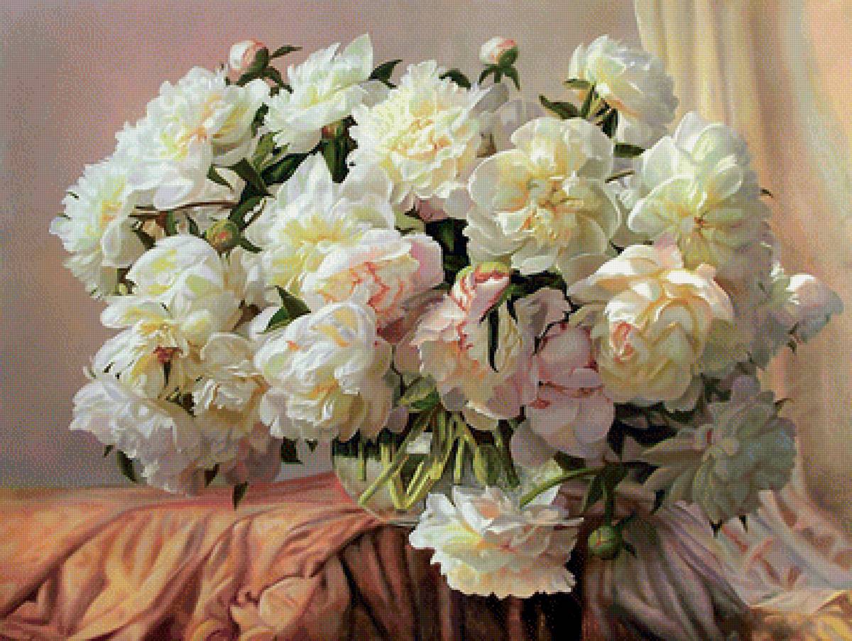 Нежные пионы. - пионы, букет, цветы, ваза, живопись, картина. - предпросмотр