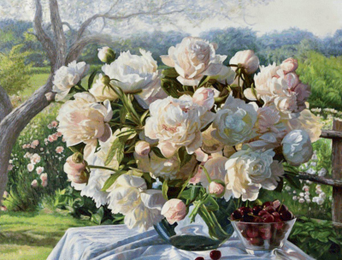 Пионы и вишня. - цветы, ягоды, натюрморт, пейзаж, букет, пионы, сад, вишня - предпросмотр