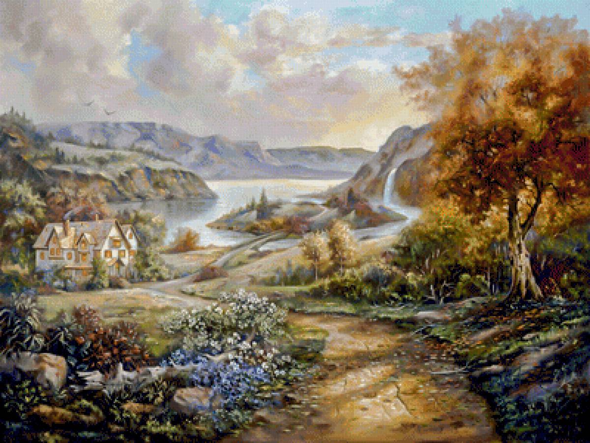 The Small Waterfall of the Town. - carl valente paintings. landscape.flowers and gardens. - предпросмотр
