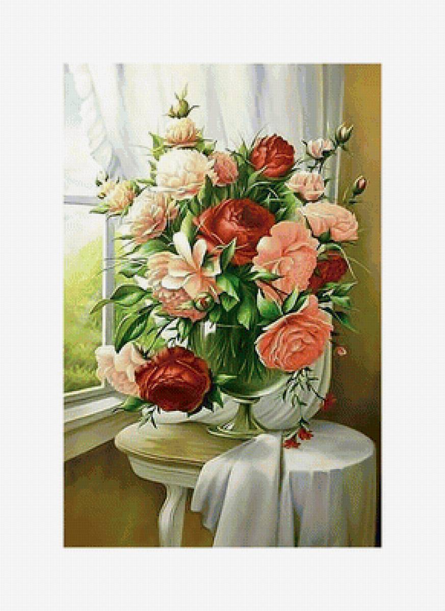Цветы у окна. - пионы., букет, окно, цветы - предпросмотр