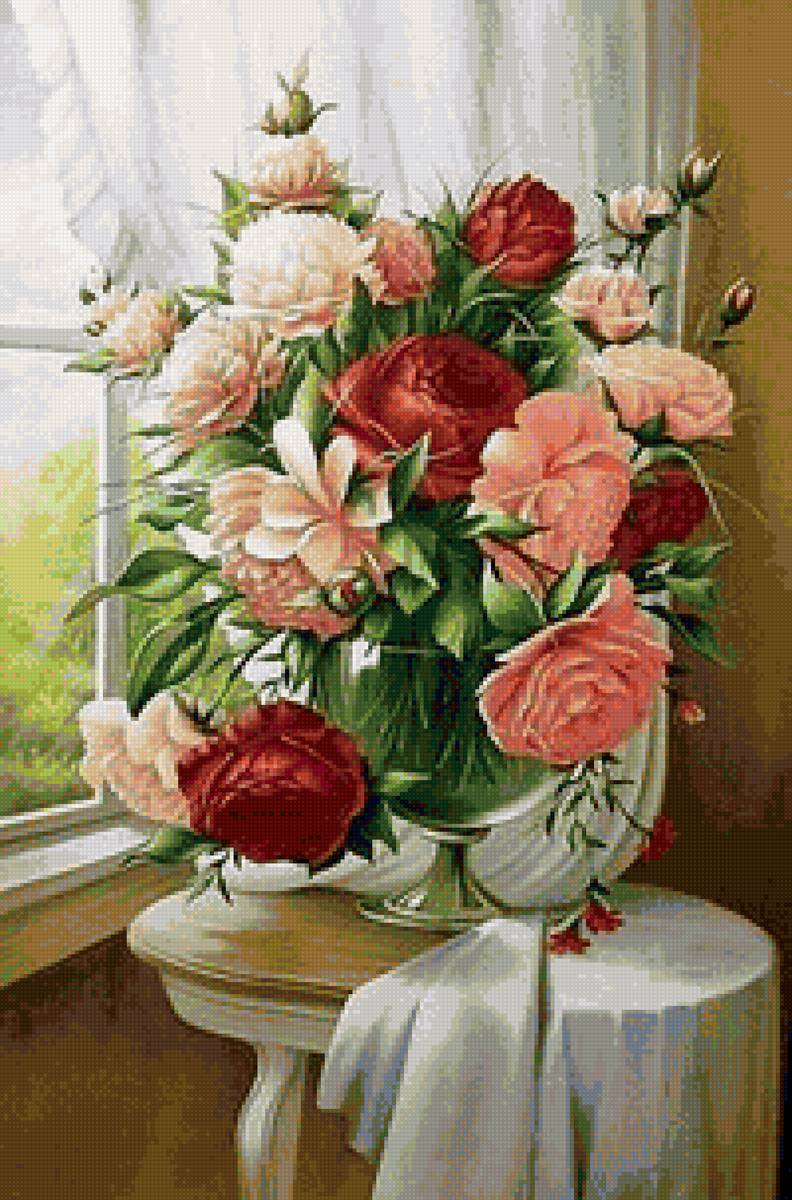 Букет у окна - ваза, цветы, пионы, окно - предпросмотр