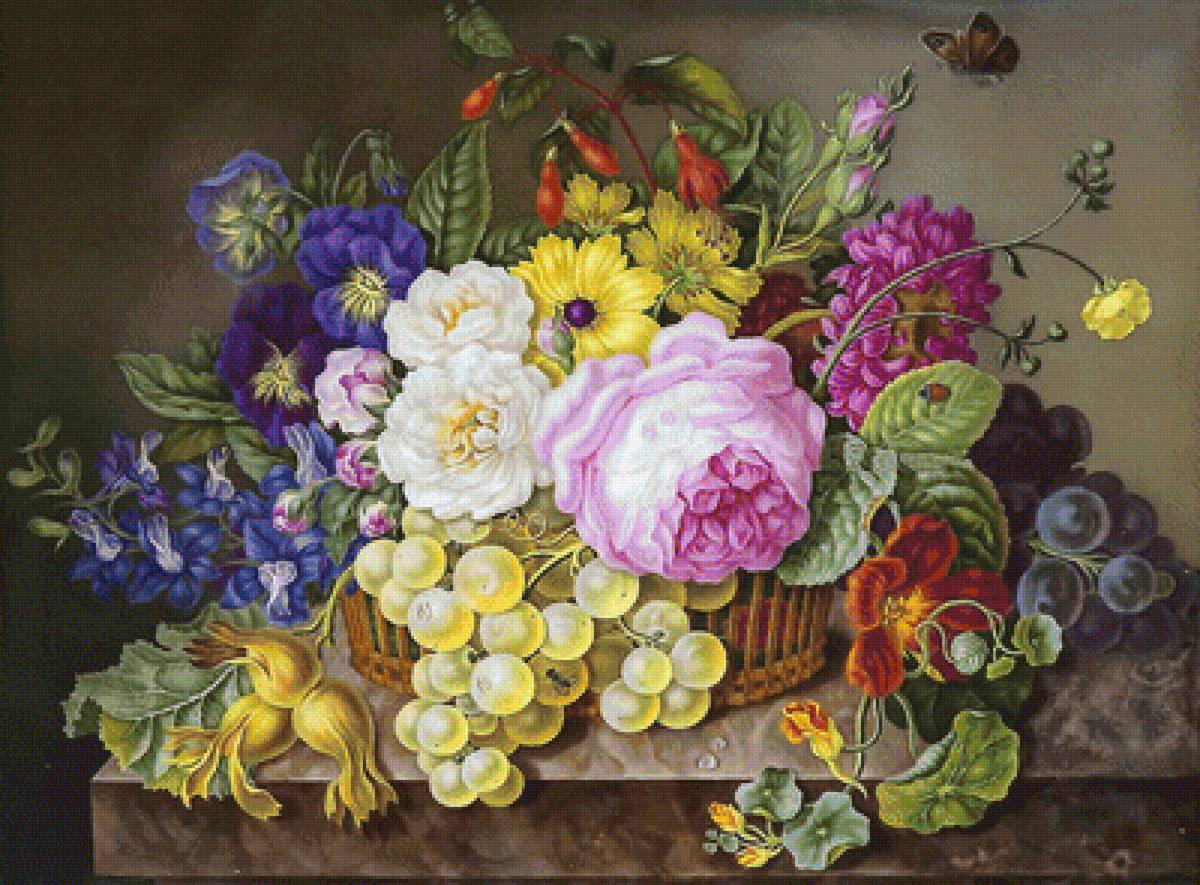 Серия "Натюрморты". - натюрморт, виноград, фрукты, цветы - предпросмотр