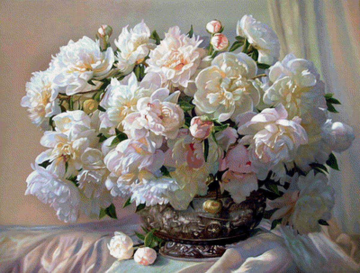 Нежные белые пионы. - пионы, картина, цветы, букет, живопись - предпросмотр