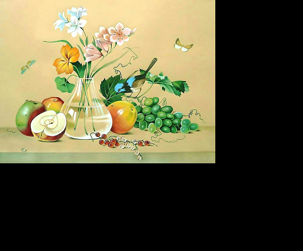 Натюрморт, рисунок, маленький. - натюрморт, бабочки, яблоки, ягоды, фрукты - оригинал