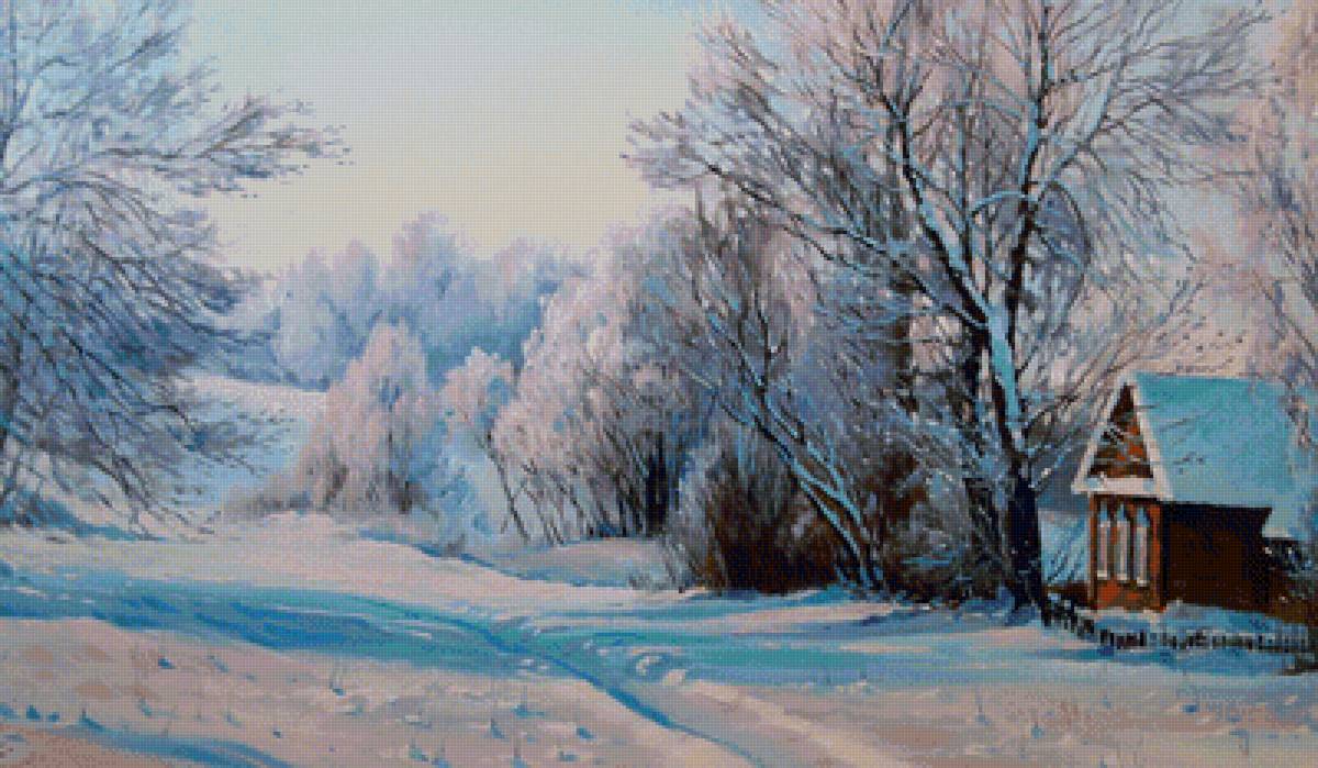 зима - домик, пейзаж, зима, картина - предпросмотр