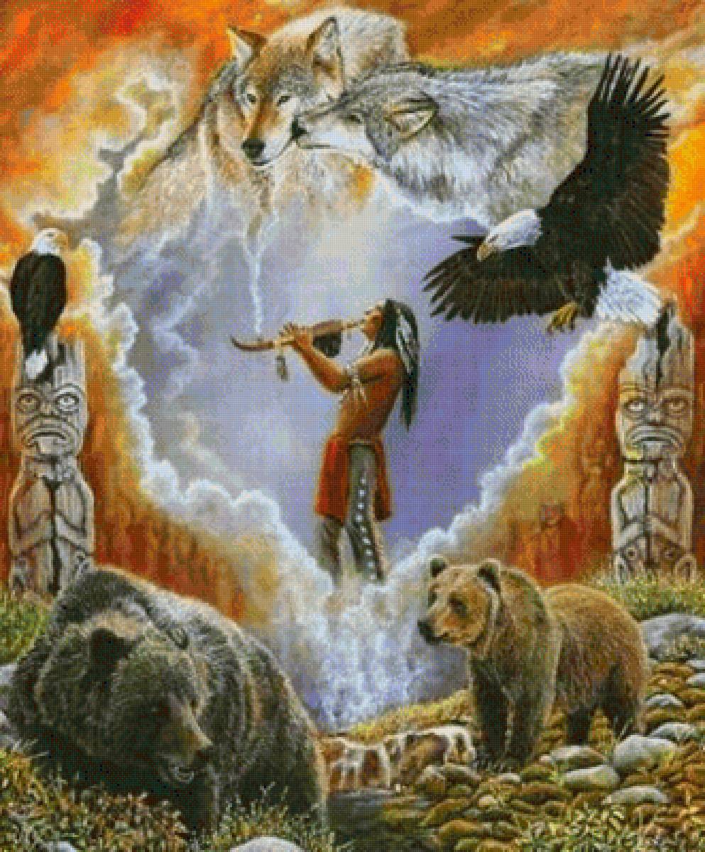 Индеец и звери - животные и индеец - предпросмотр