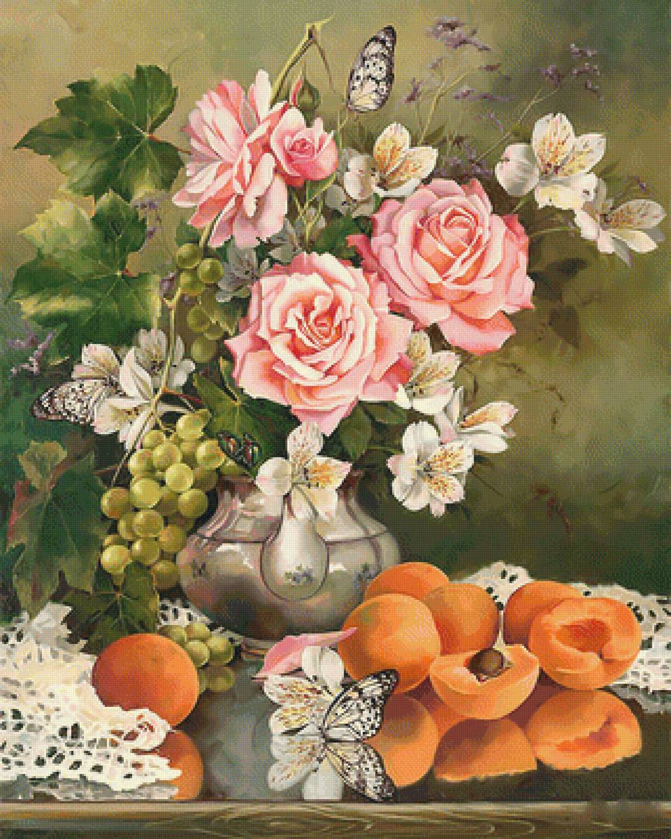 Натюрморт с абрикосами и бабочками. - букет, живопись, бабочки, фрукты, натюрморт, цветы - предпросмотр