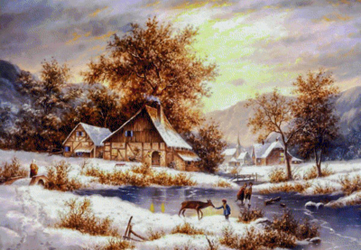 Amber Sky of Winter. - dennis lewan painter.snowscenes.people.animals. - предпросмотр